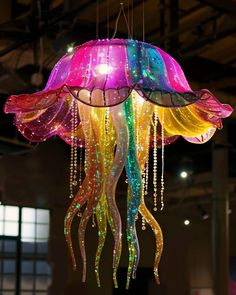 a multi - colored chandelier hanging from the ceiling