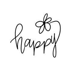 the word happy written in black ink with a flower on it's center and an outline