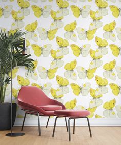 two red chairs sitting in front of a wall with yellow butterflies on it and a potted plant