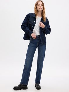 Mid Rise '90s Loose Jeans Pull Bleu Marine, Jeans Look, Jean Large, Jeans Cargo, Water Saving, Loose Jeans, Dark Indigo, Dark Jeans, Gap Denim