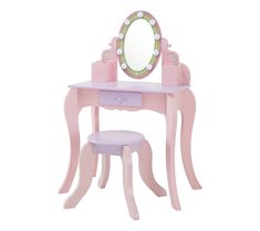 a pink vanity table with a mirror and stool for kids to sit in front of