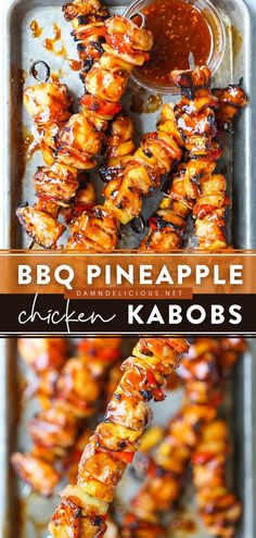 bbq pineapple chicken kabobs on a tray with barbecue sauce in the background