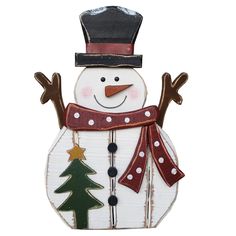 a wooden snowman with a hat and scarf