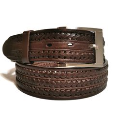 Leather Belt for Men. If you're on the hunt for a great everyday belt that will not only help you achieve a more comfortable fit in your jeans but add a touch of handsome modern styling to your look, then look no further! This genuine  1 1/2 inch leather belt is handcrafted from full grain leather, giving it an authentically casual look that any man will appreciate. This belt comes with a gorgeous embroidered design handmade with care and love . 🌟Measures: 🔸Width: 1 1/2 inch 🔸Buckle: Metal 🔸 Rugged Brown Leather Strap Belt, Vintage Brown Rugged Leather Belt, Rugged Brown Belt With Brass Buckle, Luxury Brown Rustic Belt, Rustic Brown Hand-tooled Belt, Handmade Leather Belt, Braided Belt, Casual Belt, Mens Braids