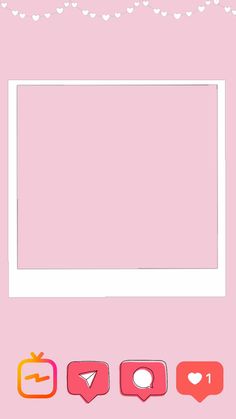 a pink background with hearts and an empty white frame on the left side, surrounded by other icons