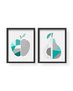 two framed art pieces with pears and leaves on them, one in grey and the other in teal