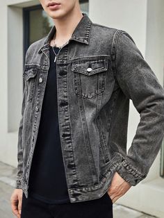 Hombres 1 pieza Cazadora mezclilla con bolsillo con solapa Gris Casual  manga larga Mezclilla Liso Más No-Elástico  Men Clothing, size features are:Bust: ,Length: ,Sleeve Length: Grey Denim Jacket Outfit Men, Grey Denim Jacket Outfit, Denim Jacket Men Style, Jean Jacket Outfits Men, Mens Jean Jacket, Denim Jacket Men Outfit, Grey Jean Jacket, Mens Denim Jacket, Grey Denim Jacket