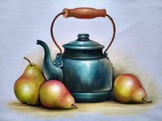 a painting of a tea kettle and pears