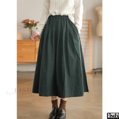 Fisdy - Polka Dot Print Midi Skirt with Checkered Pattern Polka Dot Midi Skirt Outfit, Polka Dot Midi Skirt, Green Checkered, Midi Skirt Outfit, Half Skirt, Printed Midi Skirt, Skirt Outfit, Green Skirt, Checkered Pattern