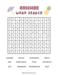 the summer word search is shown with pineapples, umbrella and watermelon