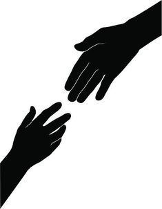 two hands reaching for each other to touch one another's hand, silhouetted against a white background