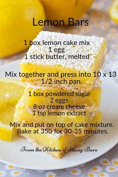 lemon bars on a plate with instructions for how to bake them in the microwave