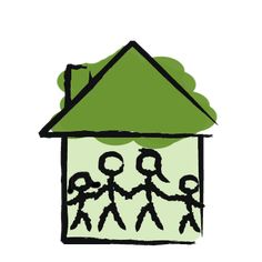 a drawing of people holding hands in front of a house with trees on the roof