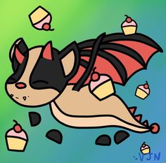 a drawing of a cat with wings and cupcakes on it's back