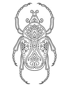 a black and white drawing of a bug with intricate designs on it's back