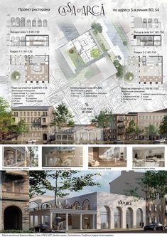 an architectural drawing shows the various sections of a building and its surrounding area, including several different