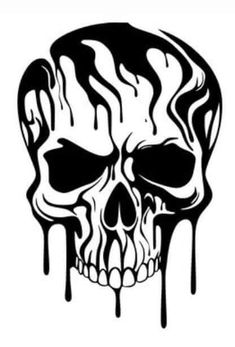 a black and white drawing of a skull with dripping paint on it's face