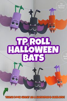 paper roll halloween bats hanging from a line with the words, tp roll halloween bats