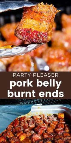 a piece of pork belly burnt ends on a fork with the words party pleaser