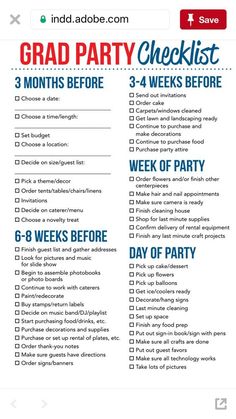 the grad party checklist is shown in red, white and blue with text