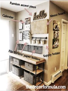 an organized entryway with baskets on the wall and shelves labeled in words above it