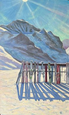 a painting of snow covered mountains with skis in the foreground and shadows on the ground