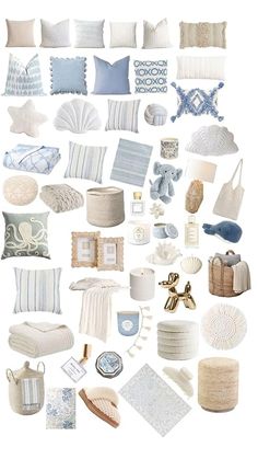 a collage of blue and white items