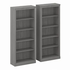 two gray bookcases side by side on a white background