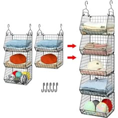 three wire baskets with clothes hanging from them and two on the same side, each holding different items