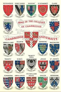 an old poster with many different college crests on it's back side and the words, arms of the college of cambridge university