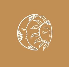 a drawing of a sun and a fish in the shape of a moon on a brown background