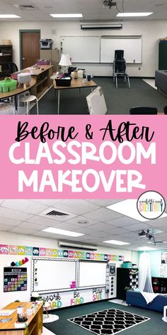 an empty classroom with the words before and after class room makeover written on it