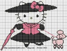 a cross stitch pattern with a hello kitty in a dress and hat holding a poodle