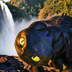 a close up of a dragon with a waterfall in the background