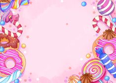 a pink background with donuts, candy and candies in the center is an empty space for text