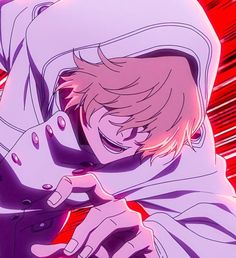 an anime character with red hair and white clothes, holding his hand on his face