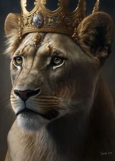 a painting of a lion with a crown on it's head, looking at the camera