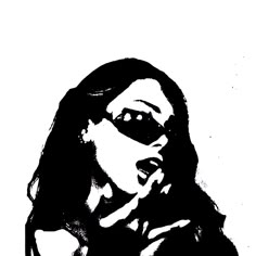 a black and white drawing of a woman with her mouth open, wearing sunglasses on