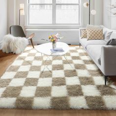 a living room filled with furniture and a checkered rug