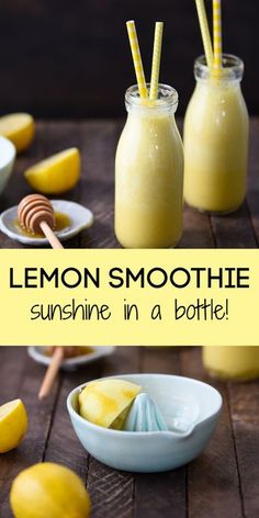 the lemon smoothie is in a bottle and ready to be eaten with two straws