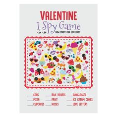 the valentine i spy game is shown in red and white