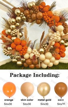 an orange and gold wreath with the words package including in different colors, sizes and shapes