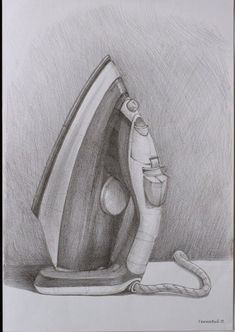 a pencil drawing of an iron and cup