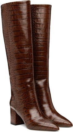 Knee-high croc-embossed leather boots in brown. · Pointed toe · Buffed leather lining · Covered block heel with rubber injection · Leather sole · Heel: H2.5 Supplier color: Cioccolato 70 Boots, Winter Chocolate, Crocodile Boots, Black Queens, Round Toe Shoes, Black Boots Tall, Paris Texas, Pointed Toe Boots, Slouched Boots