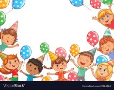 a group of kids with balloons and party hats