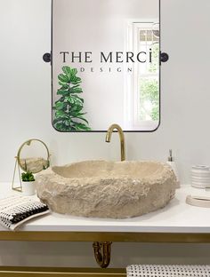 a bathroom sink with a mirror above it and a plant on the wall behind it