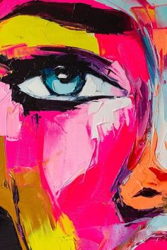 an abstract painting of a woman's face with blue eyes and bright pink hair