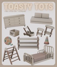 there are many toy furniture and toys on this page, including a couch, chair, crib, bed, dresser, baby changing table