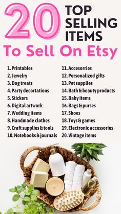 the top selling items to sell on etsy is shown in pink and white text