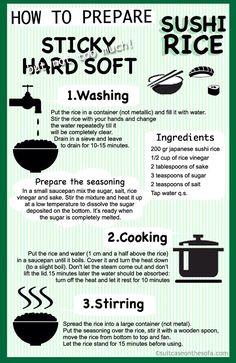 how to prepare sushi and rice in the kitchen info poster, with instructions on how to